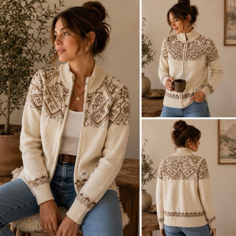 Norge Nordic Fair Isle Zip Up Sweater Jacket Cream Brown Womens M Après Ski Cozy